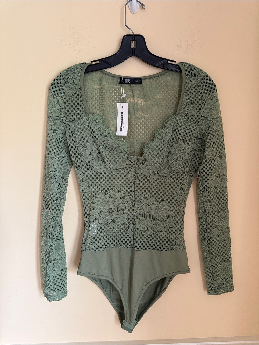 NWT CBR Olive Green Lace Long-Sleeve Bodysuit Size Small